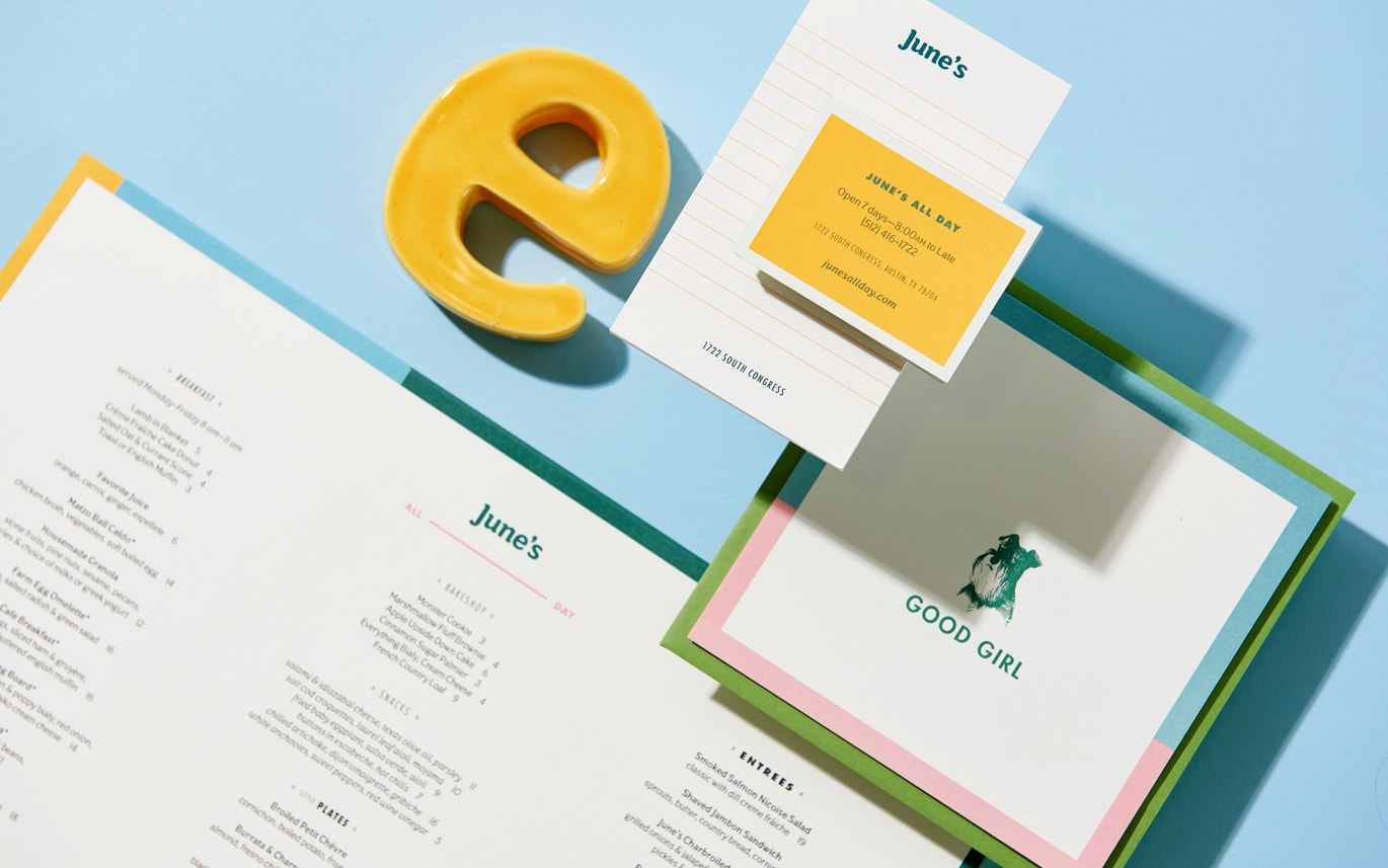 Logotype, menus, coasters, business cards and website designed by Föda for Austin-based all day cafe and bar June's