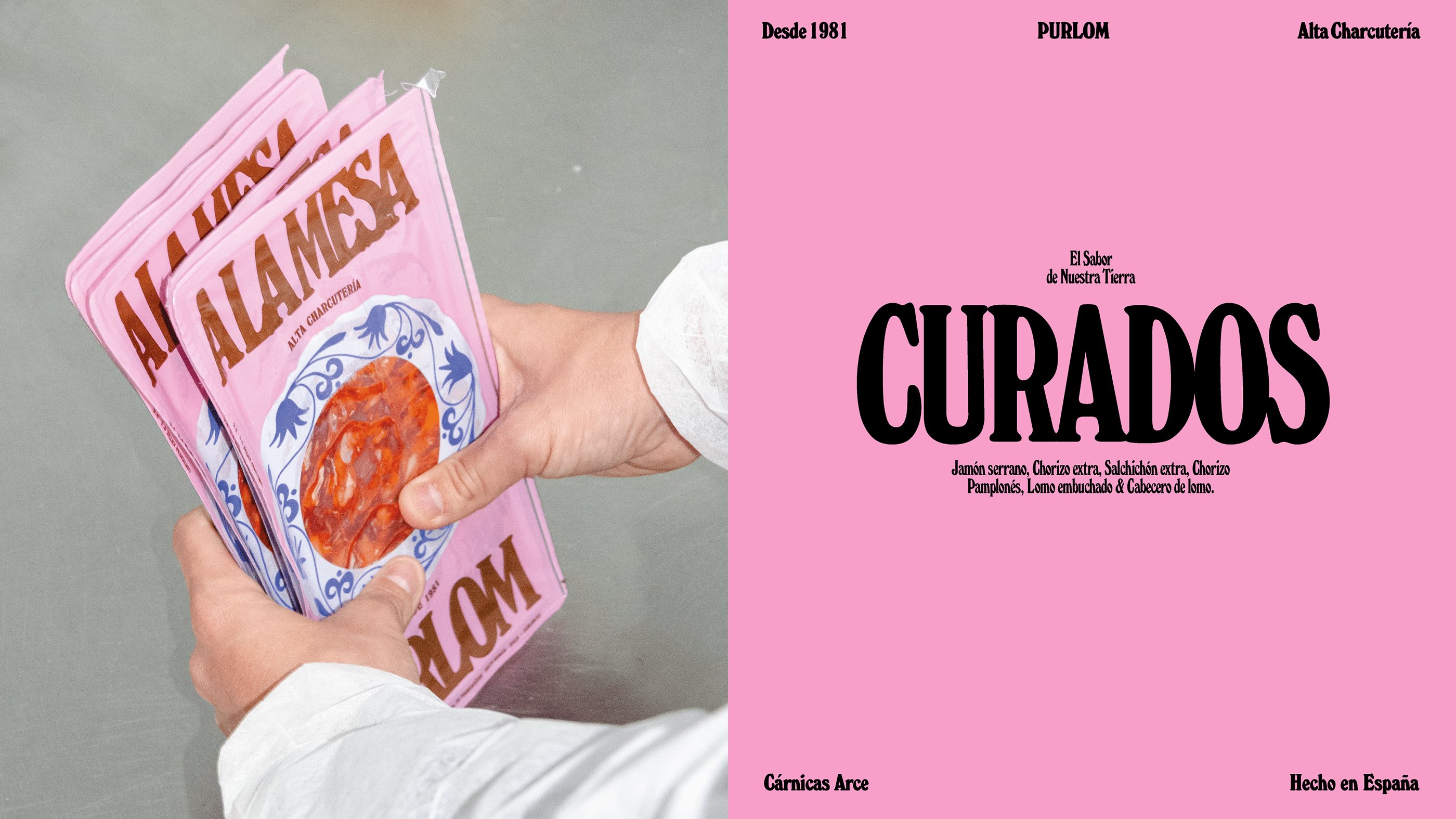 ew brand identity design, art direction, packaging and website for PURLOM’s ’A La Mesa’ cured meat brand created by Spain's Onmi Design