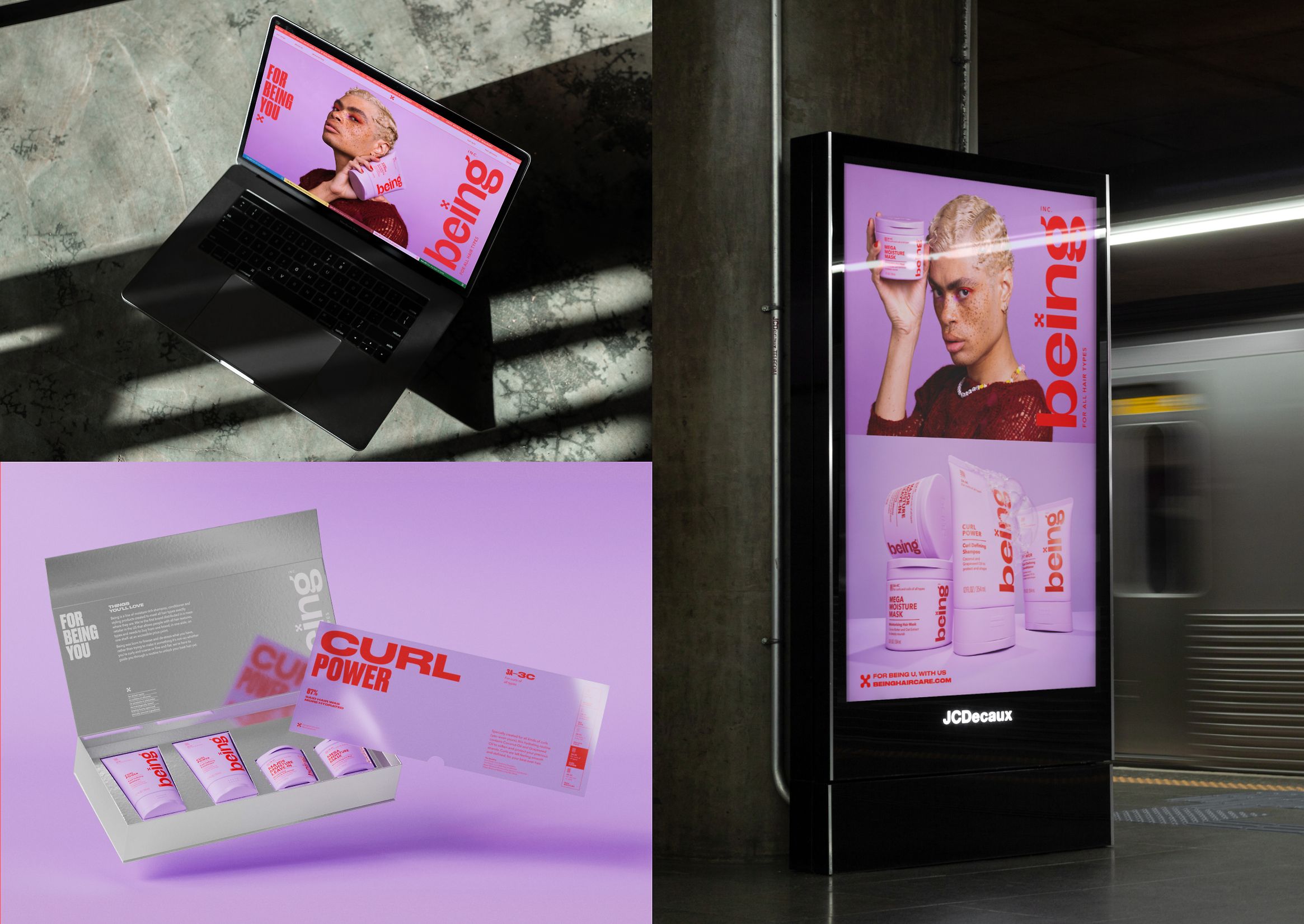 Logotype, packaging, art direction and social assets for skincare brand Being designed by Zuru Edge