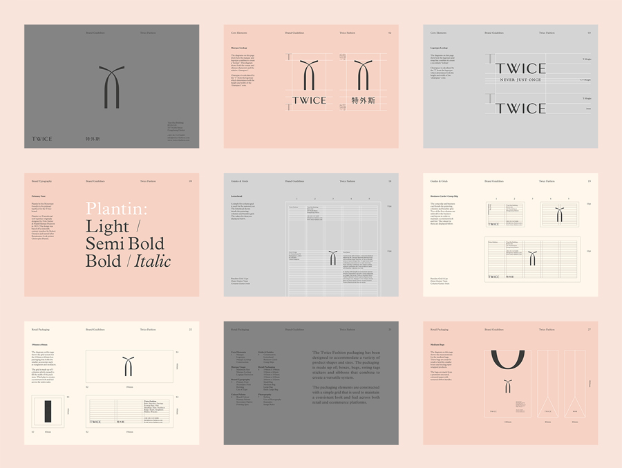 Brand guidelines for Chinese luxury accessory brand Twice by London based graphic design studio Socio Design