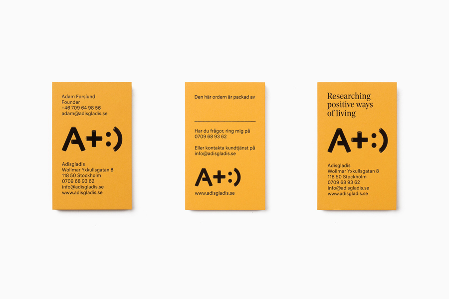 Yellow and black block foiled business cards for Swedish lifestyle store Adisgladis by Bedow