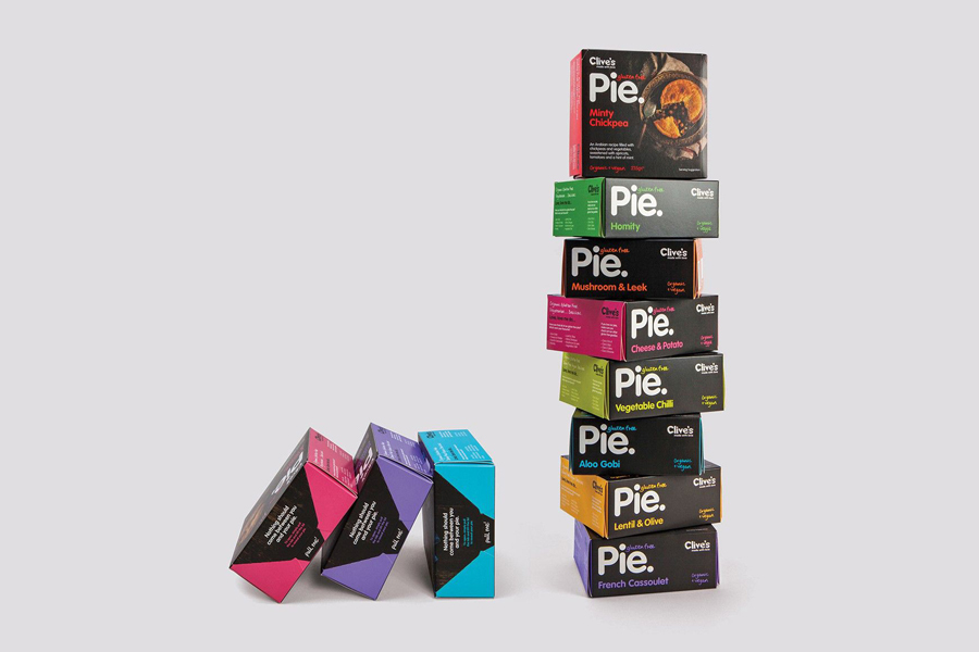 Packaging with new structural design and photography by Believe In for Clive's Gluten Free Pies