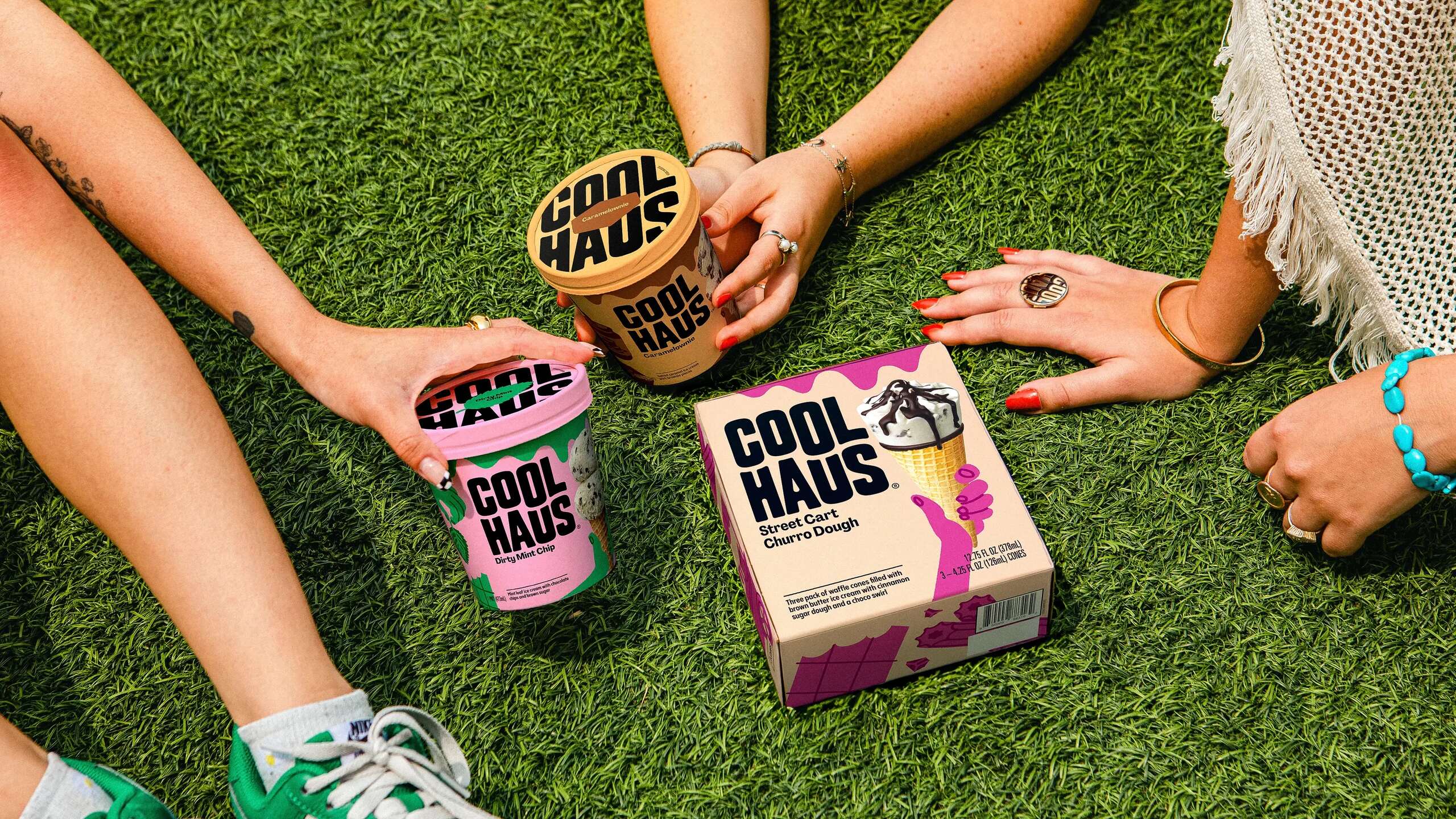 Logotype, illustration, packaging, motion graphics and digital design by &Walsh for dairy free ice cream brand Coolhaus