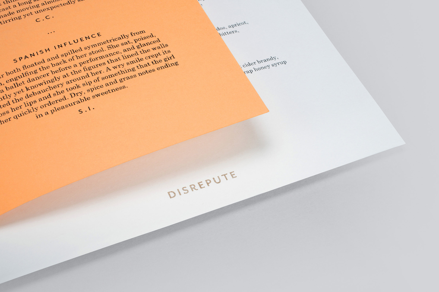 Brand identity and print featuring Arjowiggins Pop’set Apricot designed by London-based studio Two Times Elliott for Soho members bar Disrepute