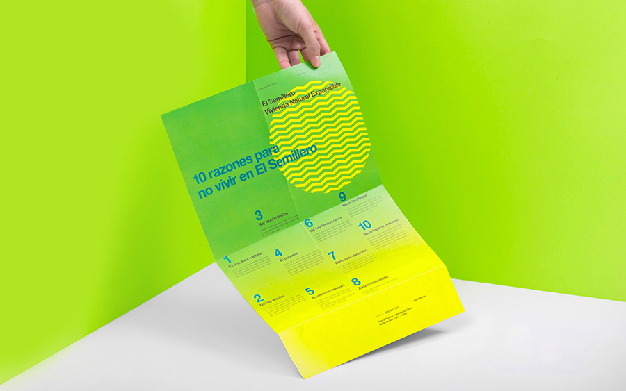 Print with fluorescent spot colour detail and illustration by Anagrama for residential property development El Semillero