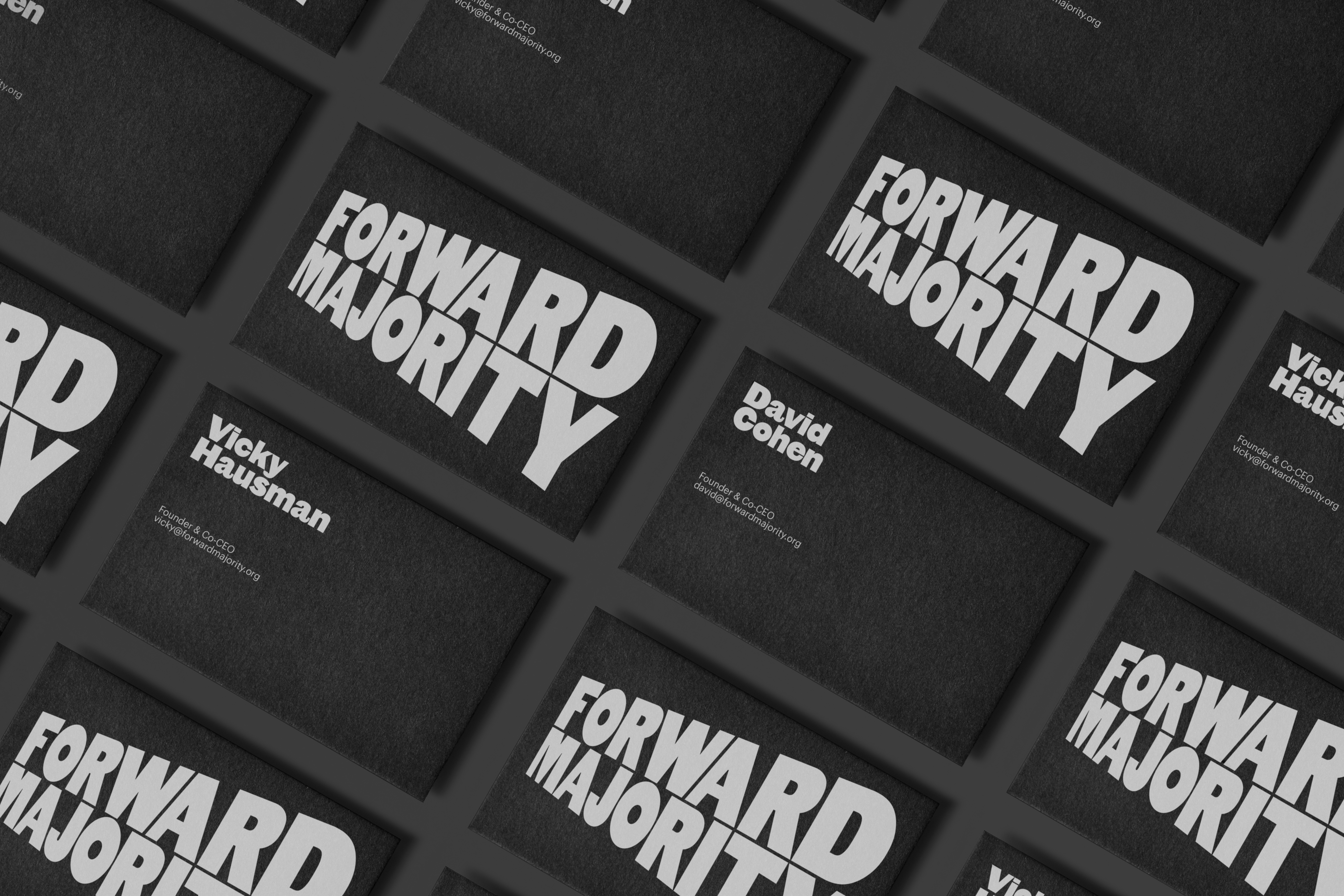 Visual identity and business cards for political action committee Forward Majority designed by New York-based studio Order
