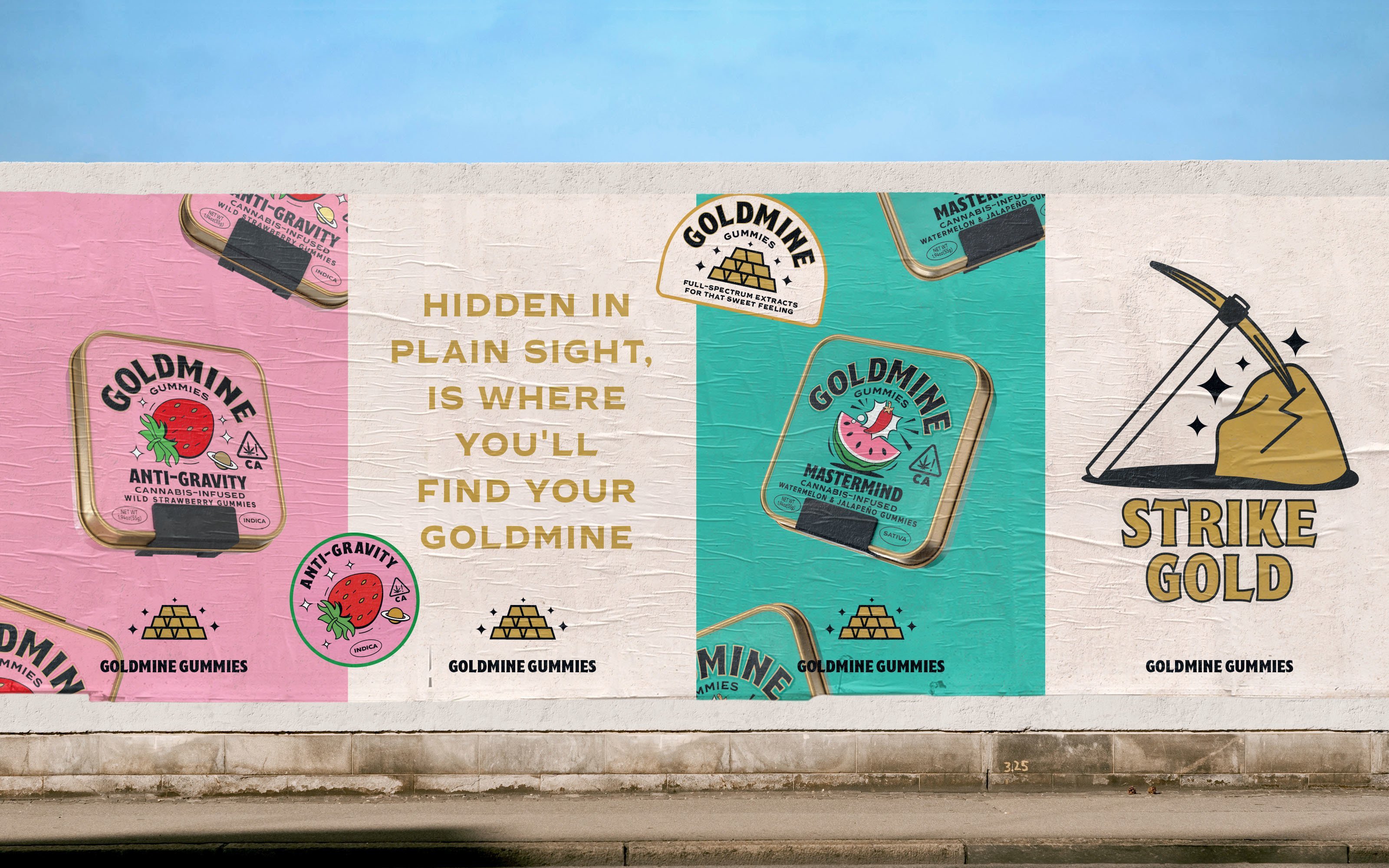 Brand identity, illustration and poster design by Leeds-based Robot Food for Californian cannabis-infused sweets Goldmine Gummies