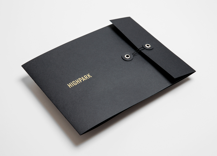 Logo and gold foil black card folder design by Face for Mexican luxury property development Highpark
