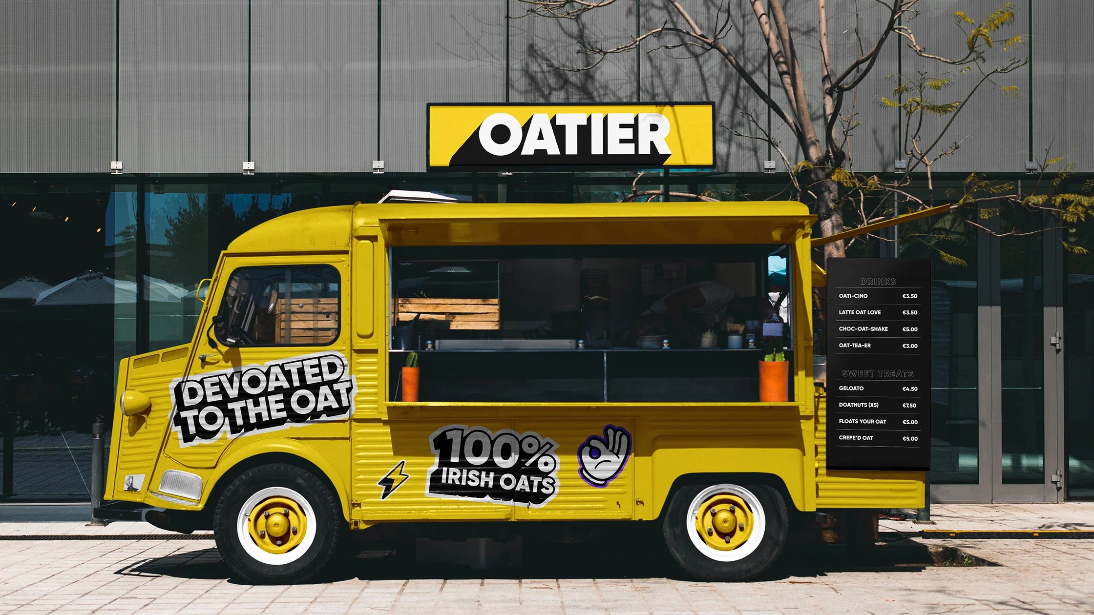 ogotype, brand identity, packaging, social assets, food truck livery and tote bag design for oat milk Oatier designed by Allgood