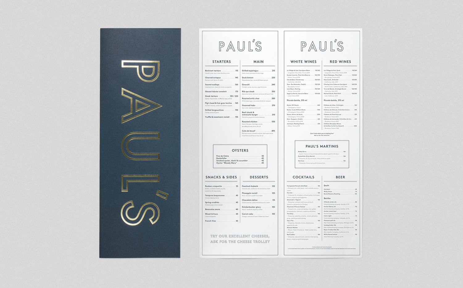 Brand identity and gold foil menus for Stockholm-based restaurant Paul's at Haymarket by 25AH, Sweden