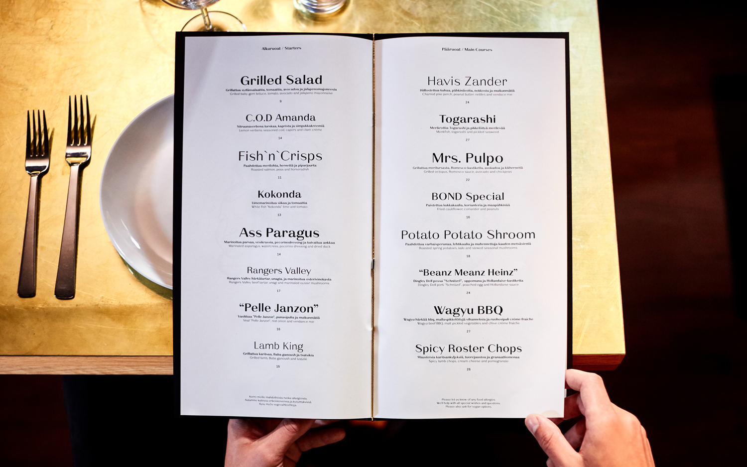 Branding and menus by Bond for Helsinki bar and restaurant Roster