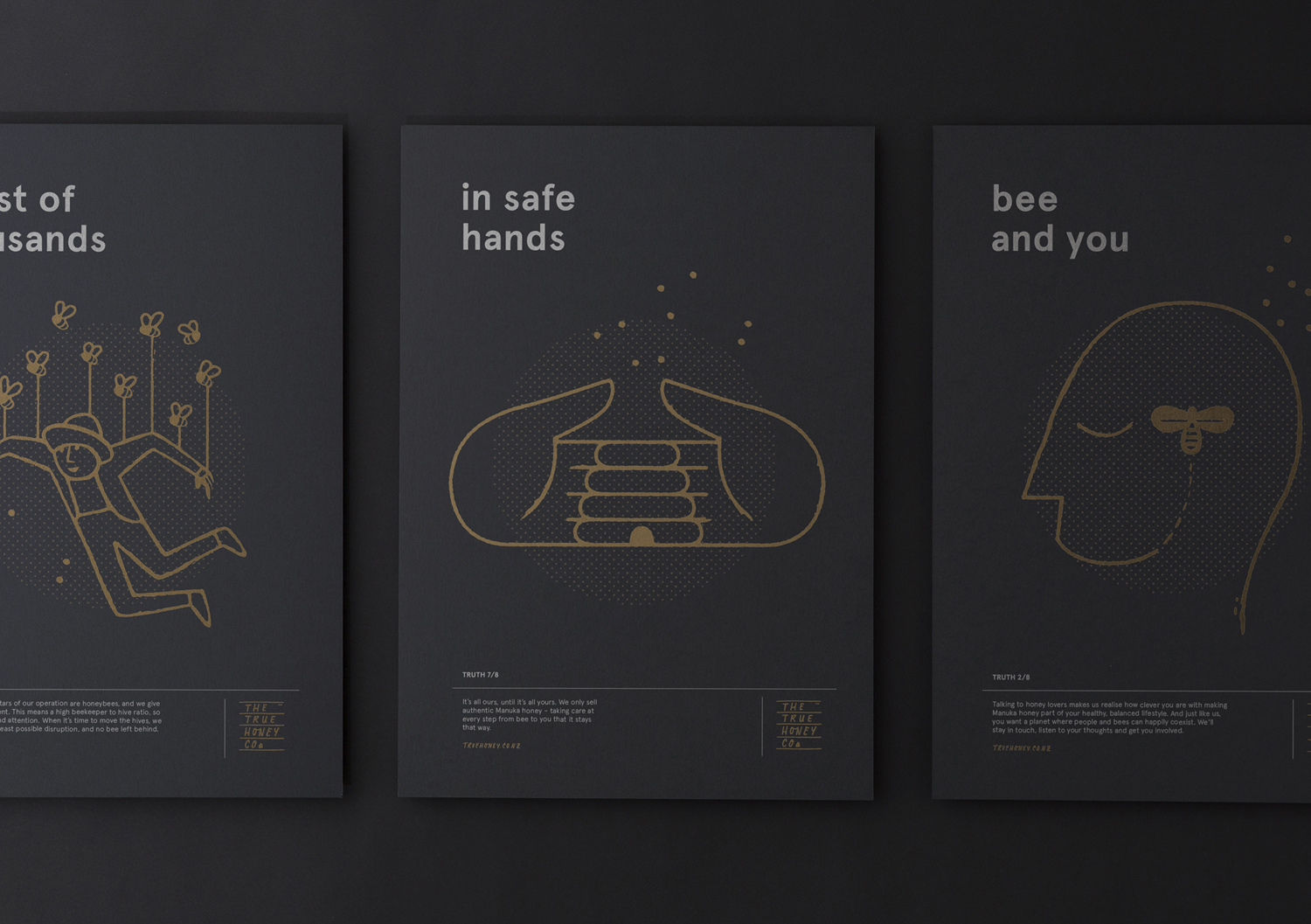 Brand identity and print with black card and gold ink illustrated detail by Marx Design for The True Honey Company, a New Zealand-based business specialising in mānuka honey