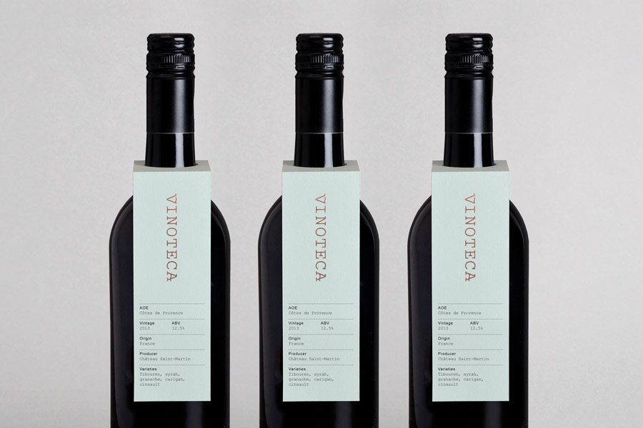 Branding and wine tags for London restaurant group Vinoteca by British graphic design studio dn&co.