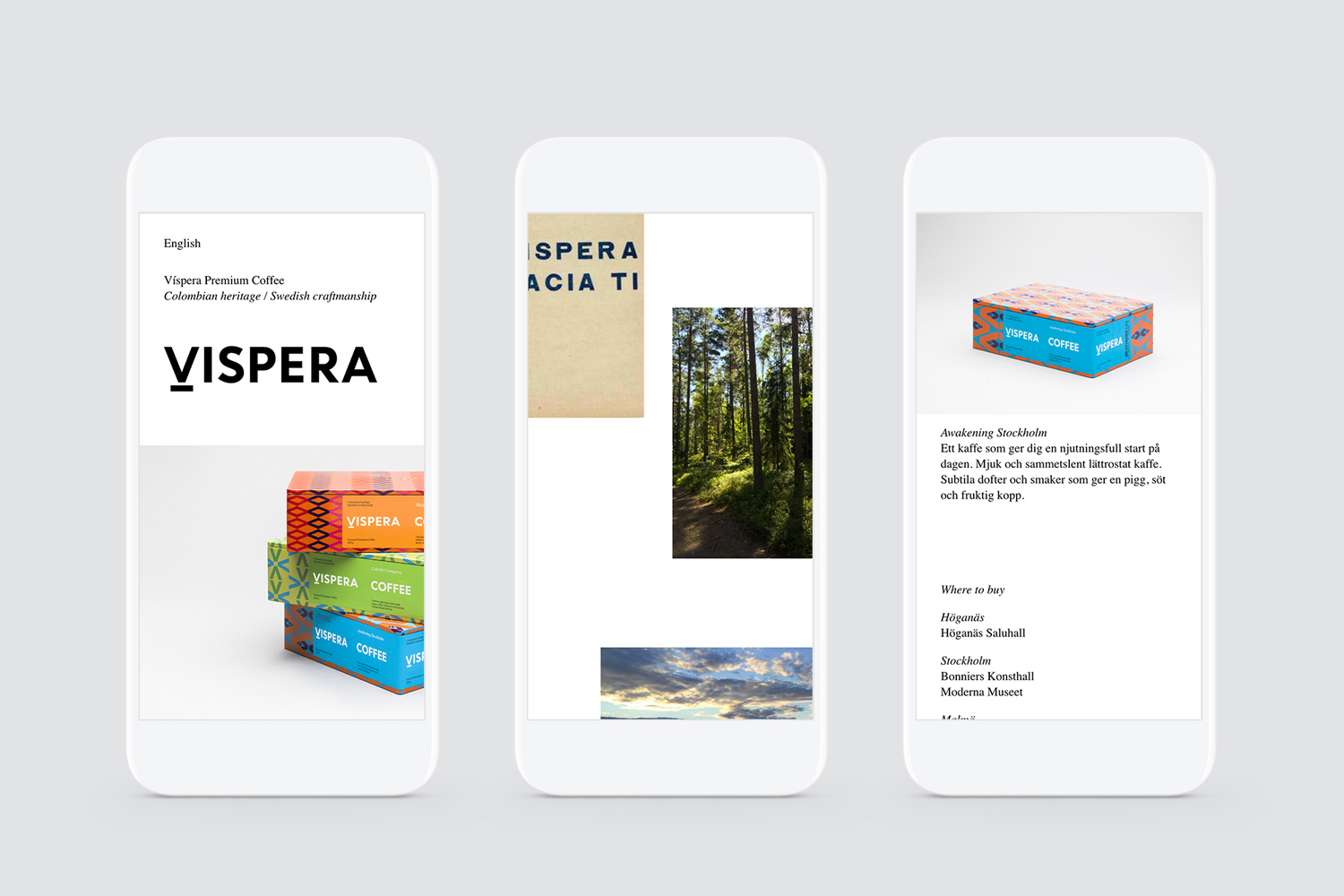 Branding and website created by Stockholm Design Lab for Víspera Coffee, a range of 100% Arabica beans sourced from the high altitude plantations of Columbia.