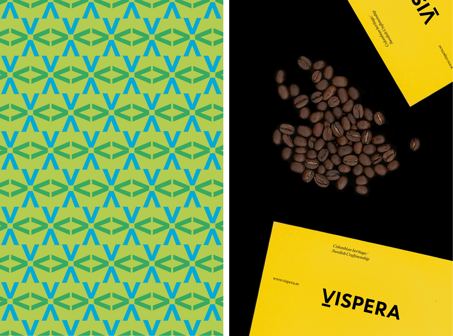 Pattern and print created by Stockholm Design Lab for Víspera Coffee, a range of 100% Arabica beans sourced from the high altitude plantations of Columbia.