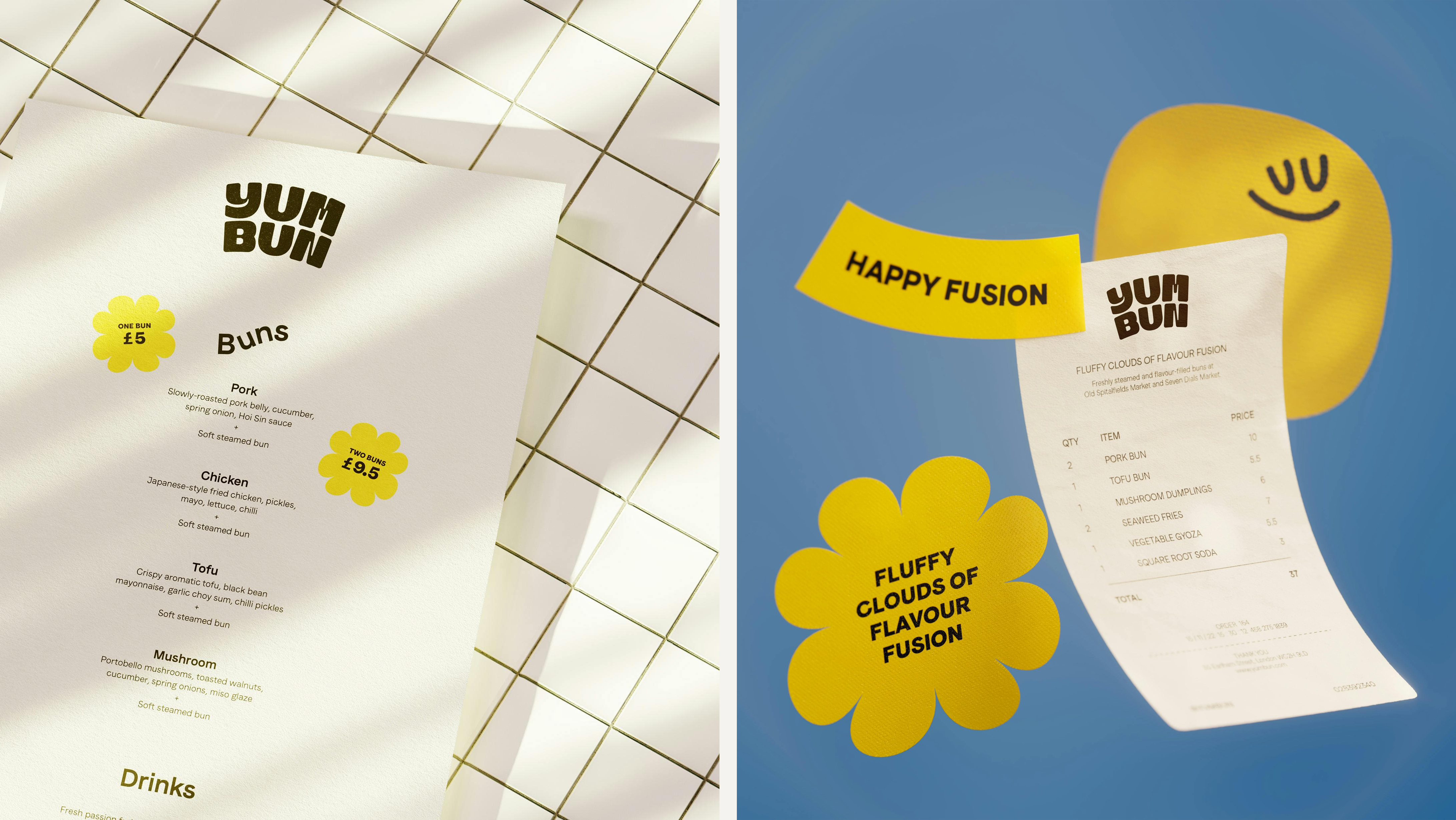 Logotype, mascot, menus, merchandise, motion graphics, social content and website for bao buns business Yum Bun Logotype, mascot, menus, merchandise, motion graphics, social content and website for bao buns business Yum Bun