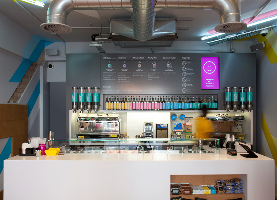 Visual identity by ico and interior design by Gundry and Ducker for British bubble tea brand Biju
