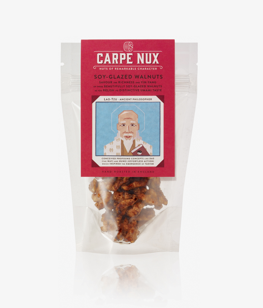Packaging with original character illustration created by Designers Anonymous for premium flavoured nut range Carpe Nux