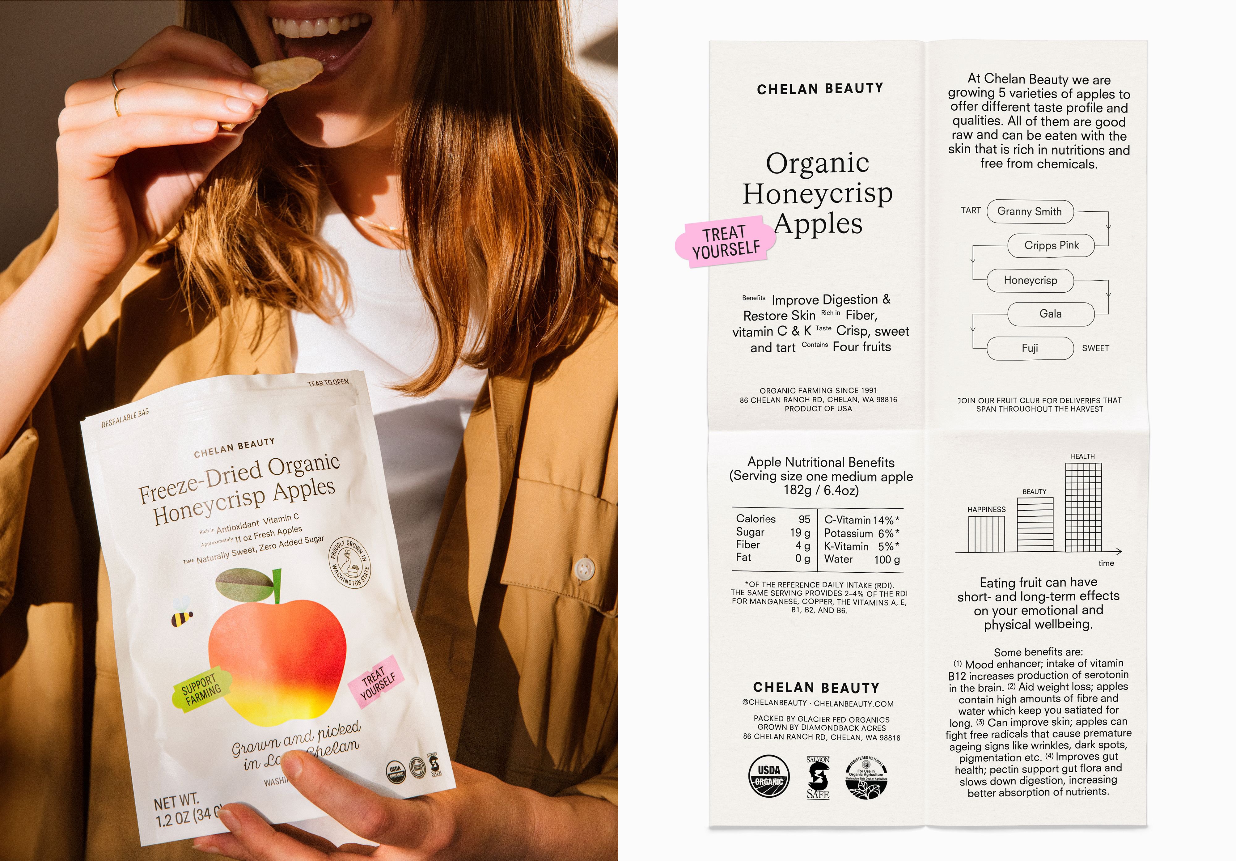 New brand identity and packaging design by Olssøn Barbieri for freeze dried organic fruit company Chelan Beauty. Reviewed by Emily Gosling.