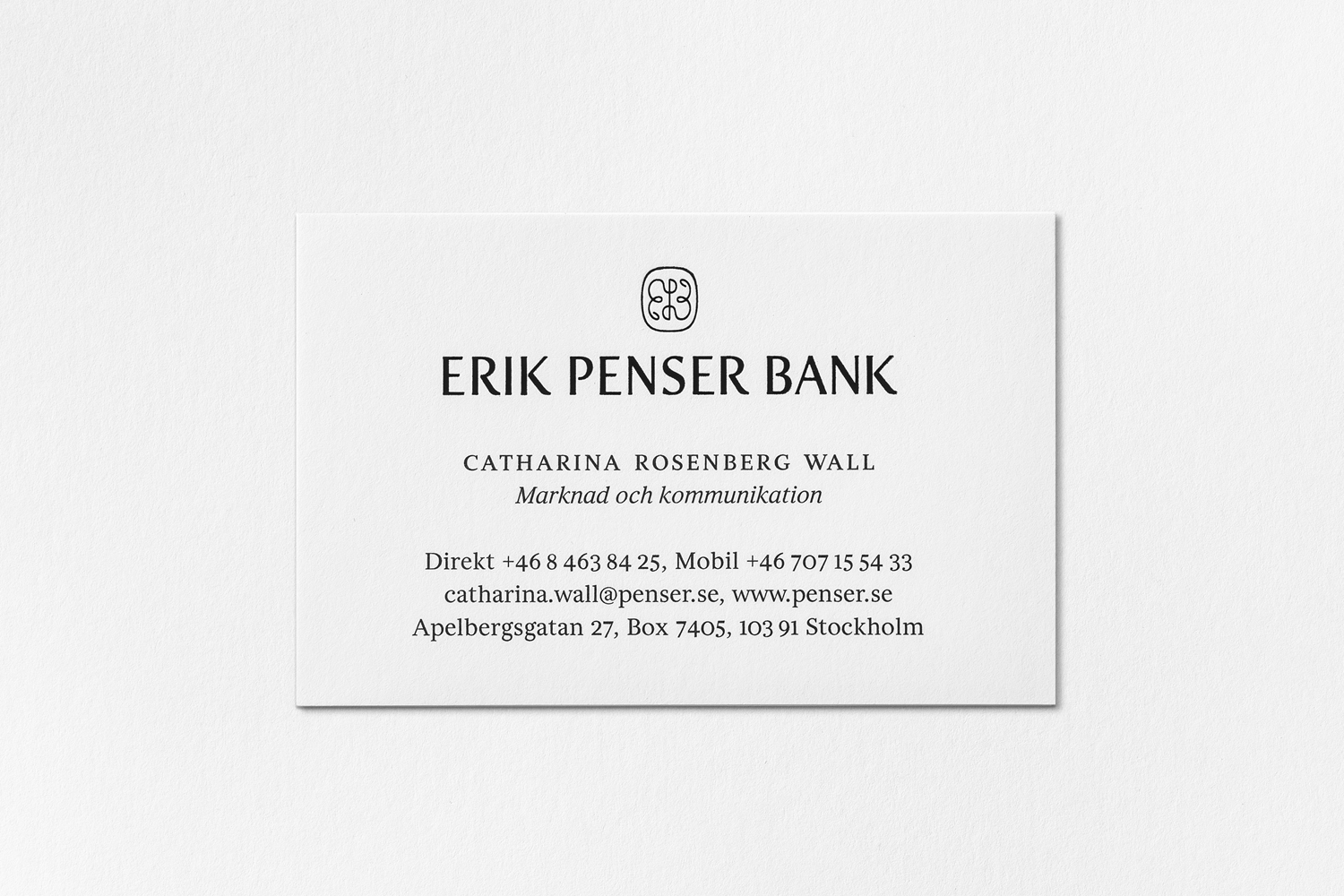 Brand identity and business card for Sweden's leading private banking firm Erik Penser Bank designed by Bedow, Stockholm