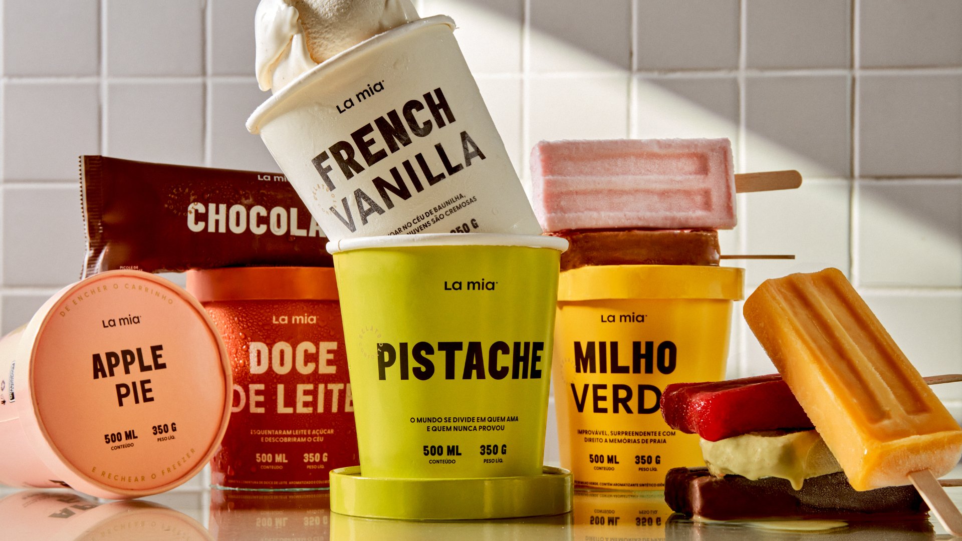 ogotype, typography, packaging and motion graphics for São Paulo-based gelato business La Mia designed by Papanapa