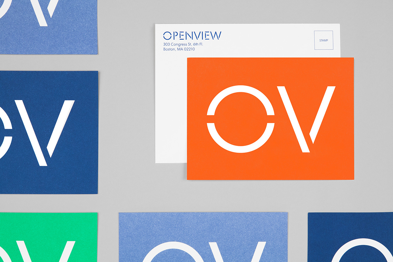Custom typography, wordmark and postcards by Pentagram for Boston-based venture capital firm OpenView.