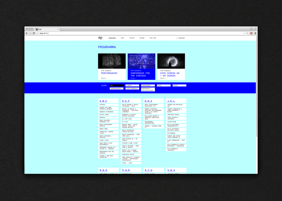 Website design by Raw Color for Dutch art, technology and experimental pop culture festival STRP 2015.