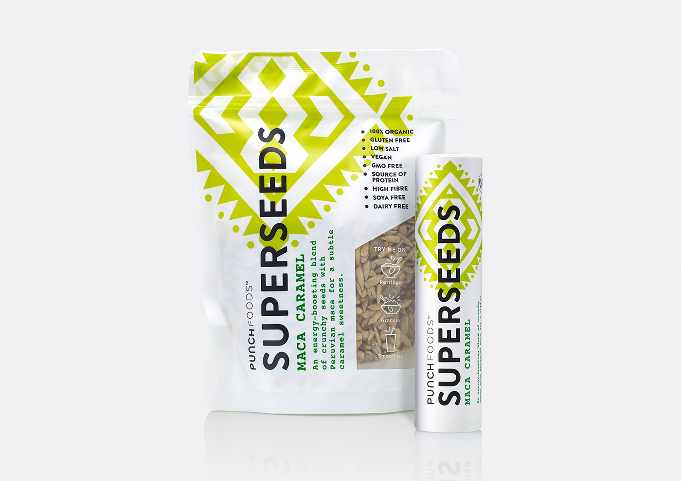 Package design by London based B&B Studio for health food and snack range Superseeds from Punch Foods