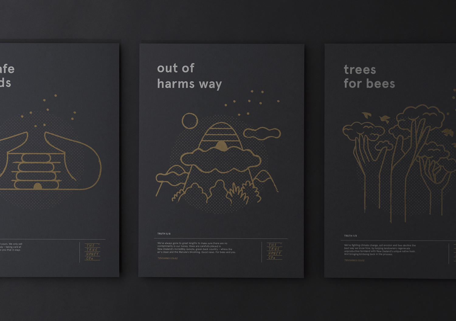 Brand identity and print with black card and gold ink illustrated detail by Marx Design for The True Honey Company, a New Zealand-based business specialising in mānuka honey
