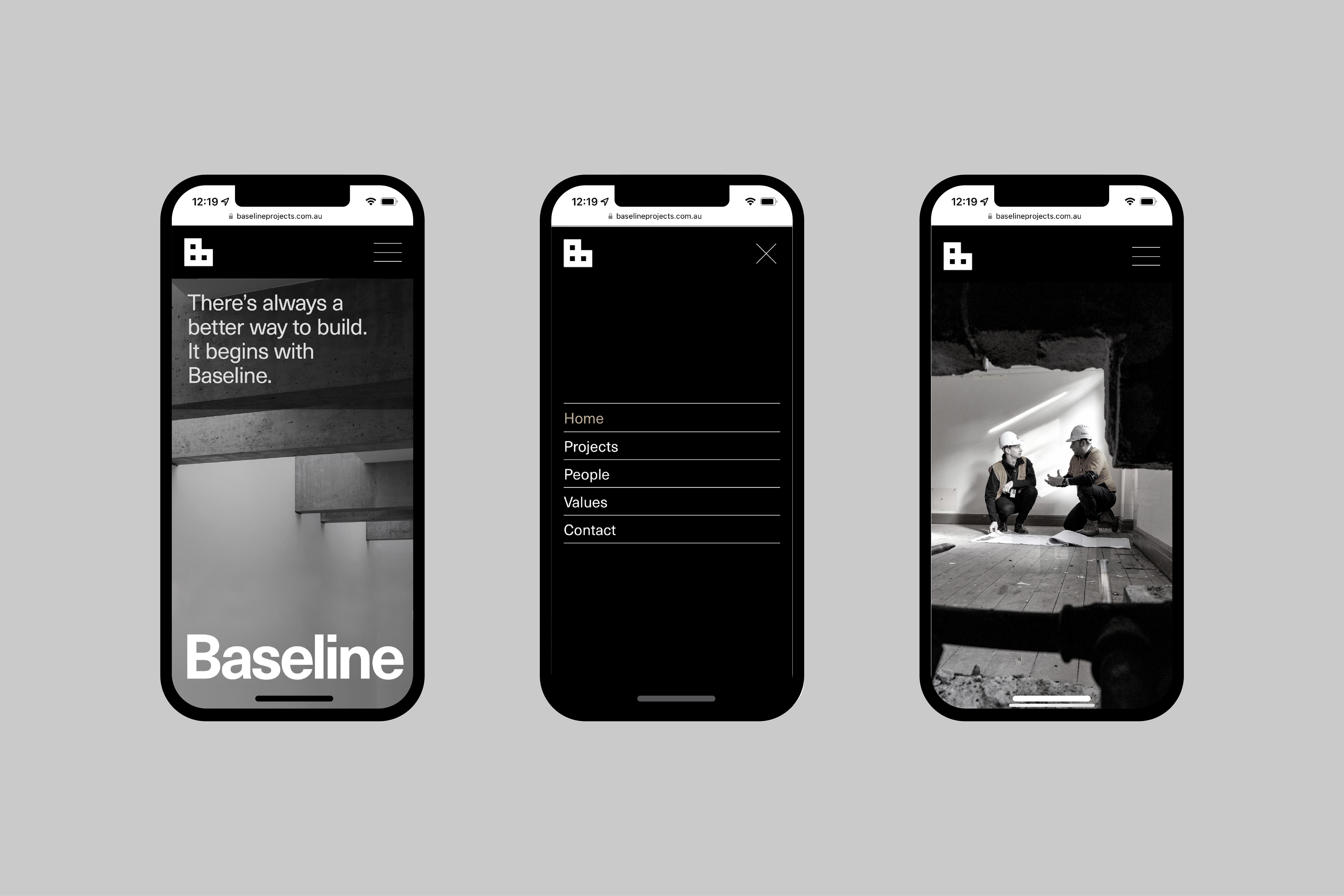 Logo, visual identity and website designed by Australian studio Garbett for government and commercial builder Baseline. Reviewed by Richard Baird for BP&O.