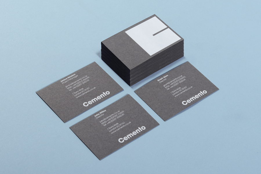 Logo and grey business card with white ink detail designed by S-T for UK based Italian cement veneer business Cemento