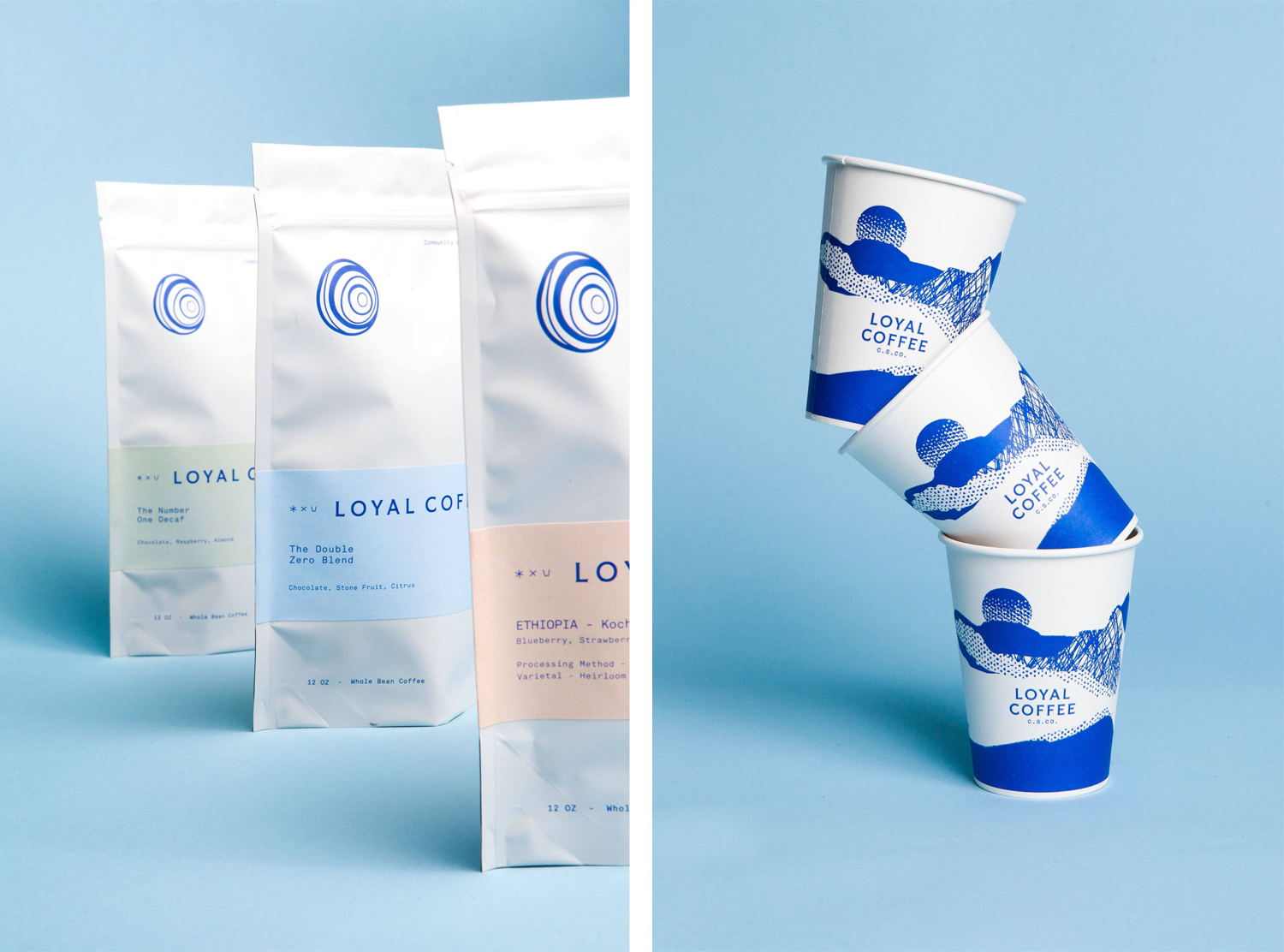 Coffee packaging and takeaway cups by Mast for barista-run and Colorado-based Loyal Coffee