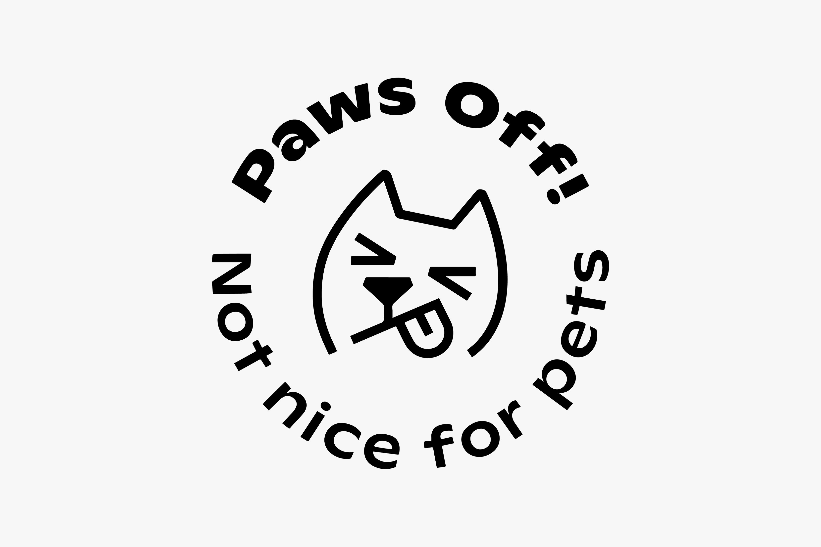 Logo and visual identity for pet food safety campaign and labelling initiative Paws Off! designed by Seachange Studio. 