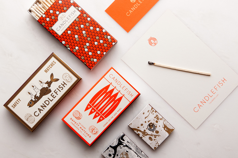 Illustrated match packaging for Charleston handcrafted scented candle store and workshop Candlefish by Fuzzco