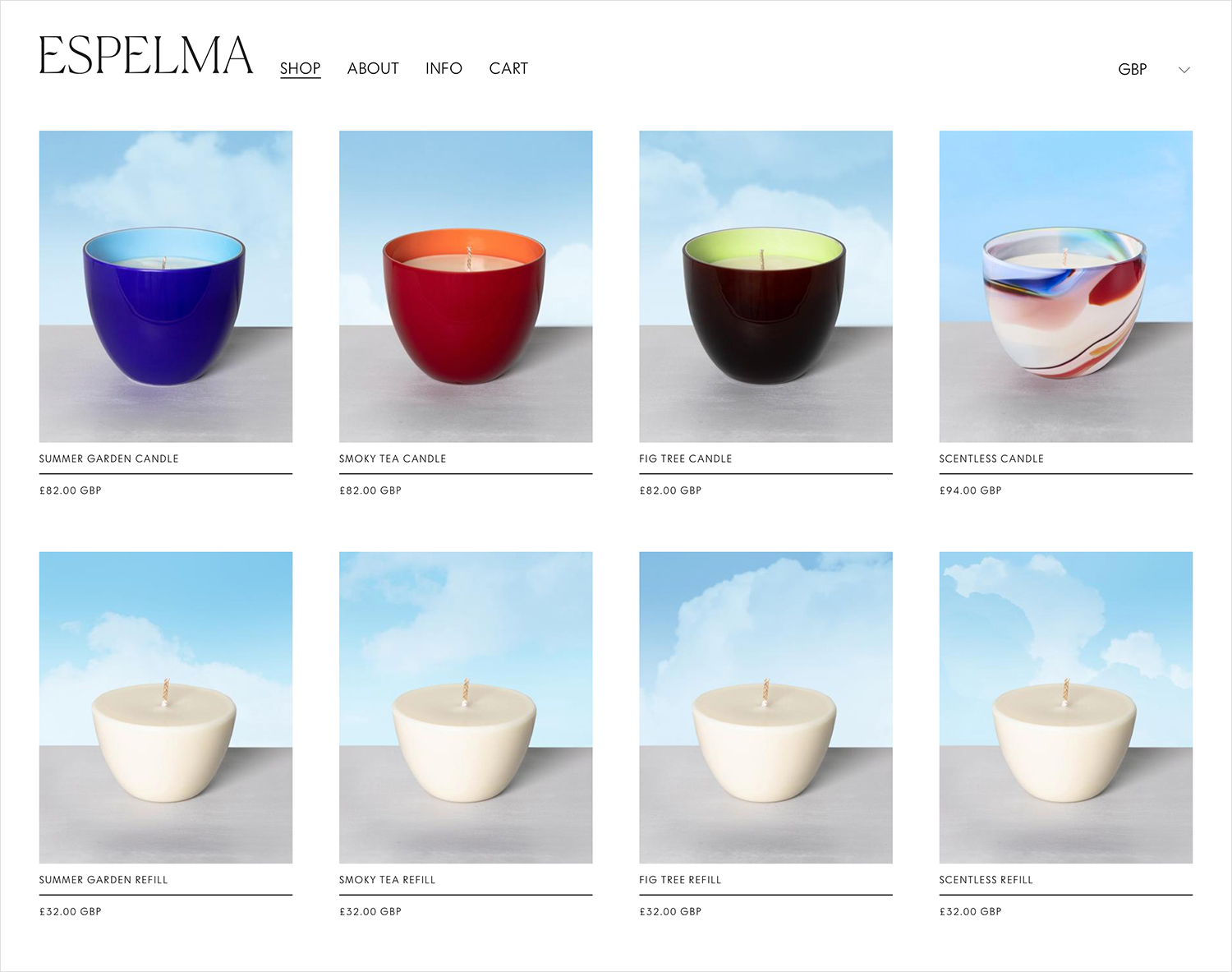 Logotype, visual identity, packaging, still life and website for clean-burning natural wax candle company Espelma