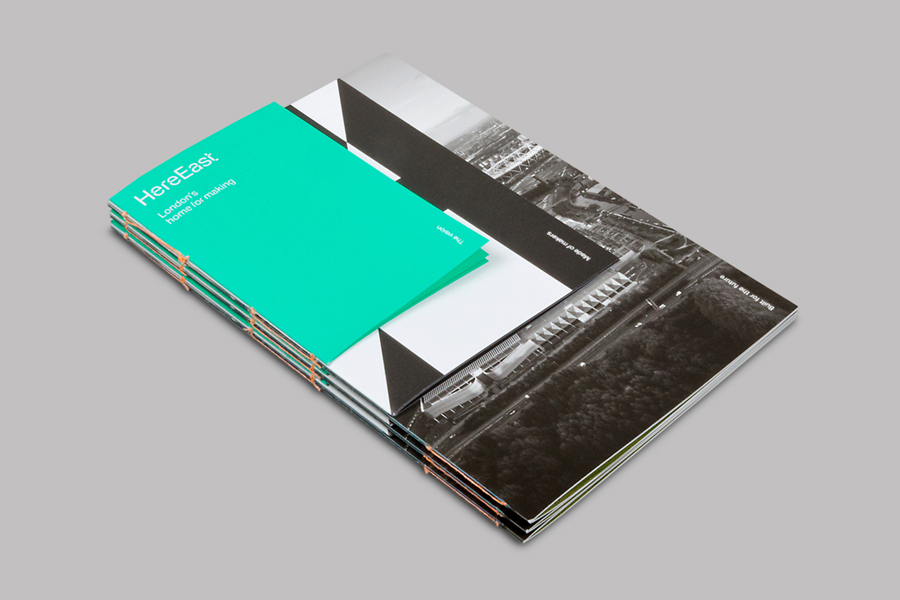 Brochure design with coloured paper and stitch detail for Here East by dn&co
