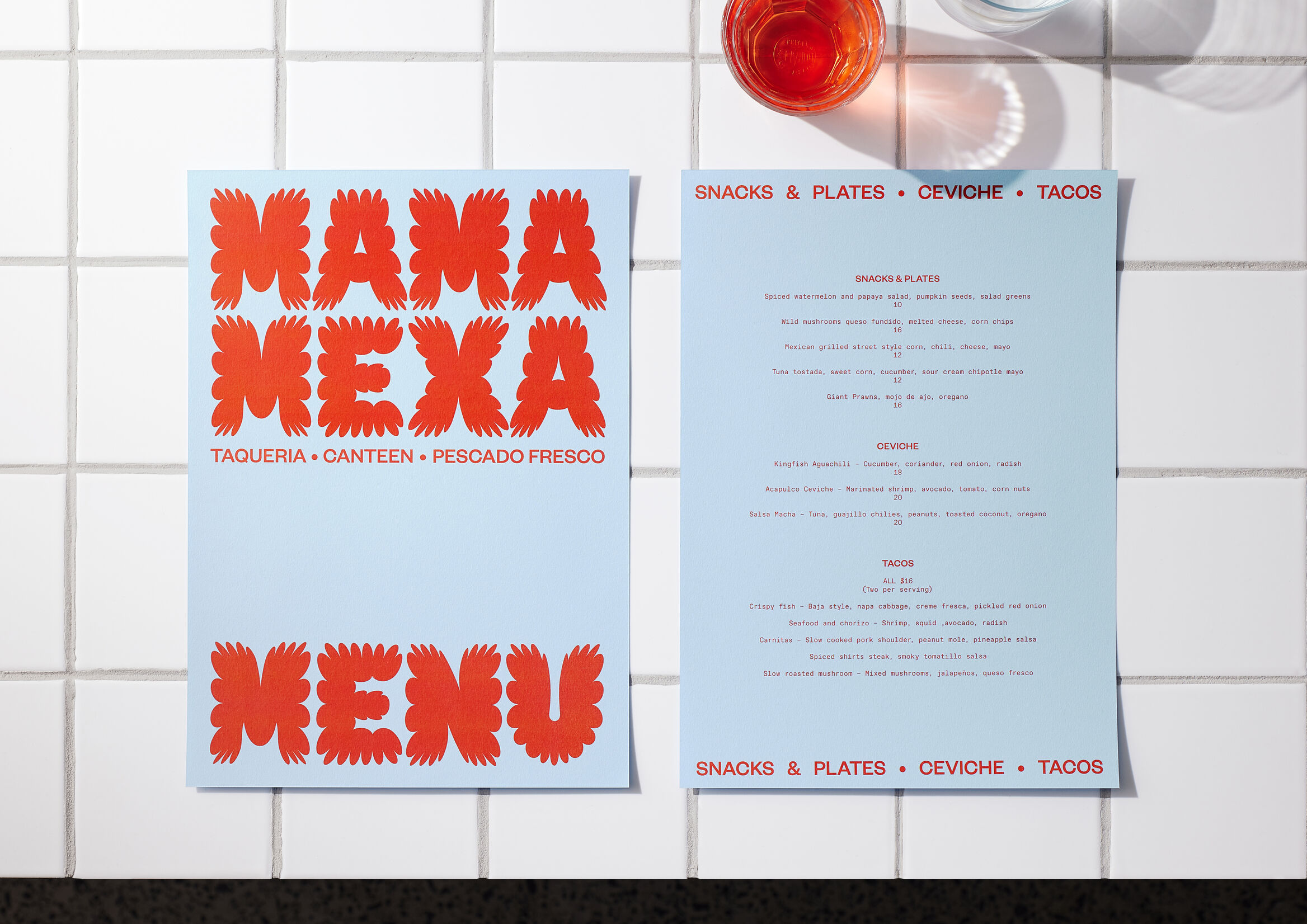 Brand identity and menu design by Seachange for Mama Mexa, an Auckland-based taqueria