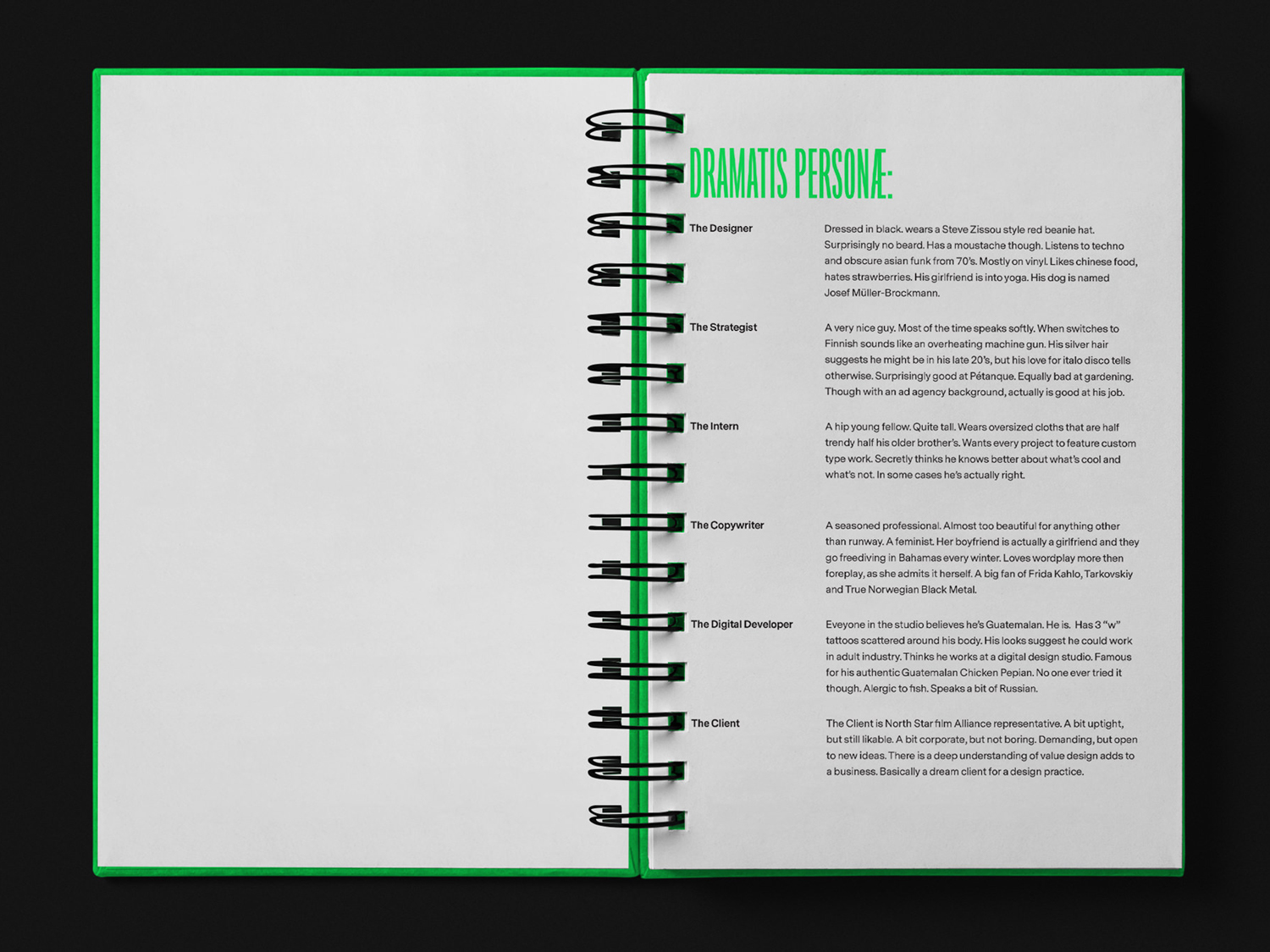 Brand identity guidelines, wire bound with a fluorescent green ink designed by Bond for the Northstar Film Alliance