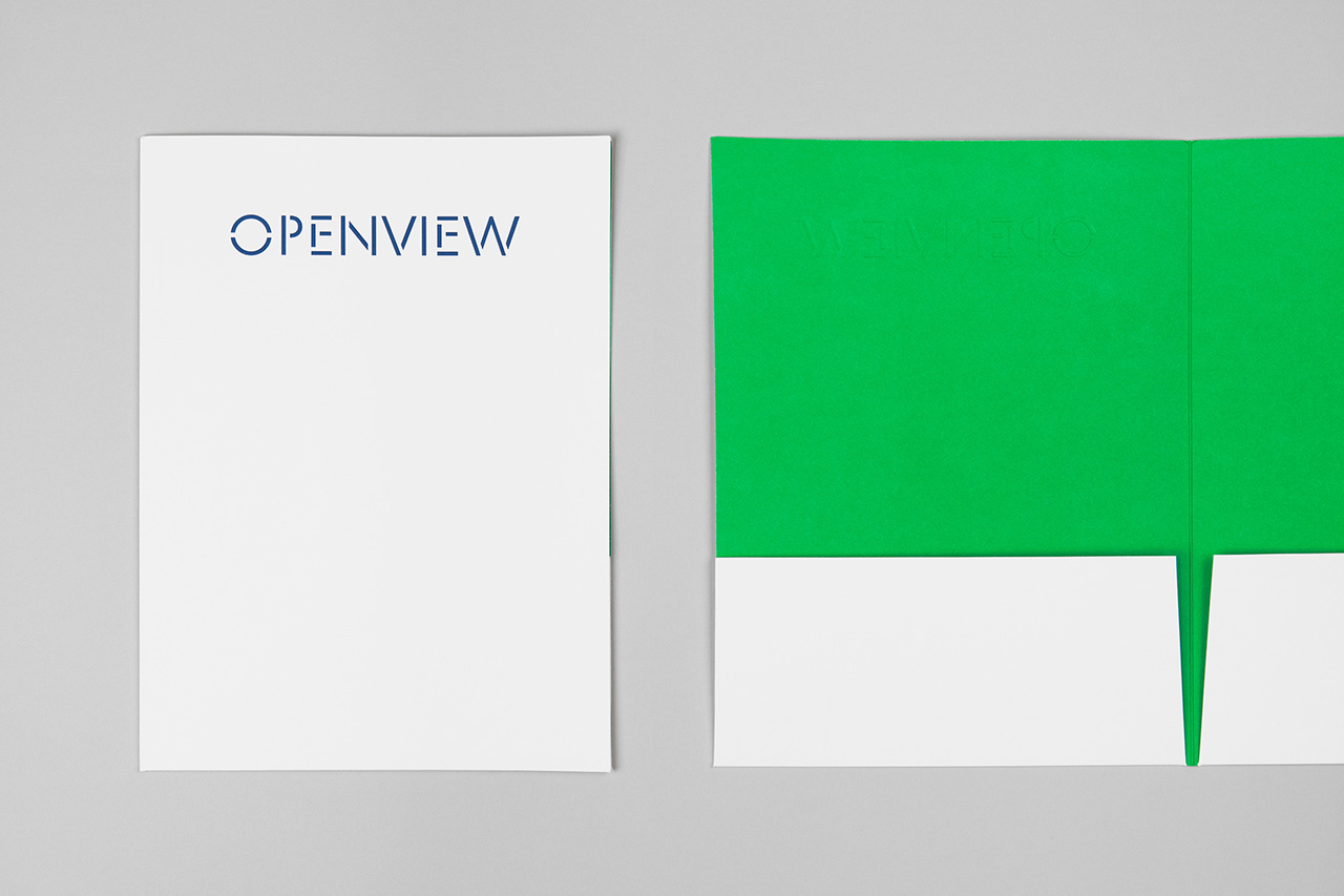Custom typography, wordmark and folder by Pentagram for Boston-based venture capital firm OpenView.