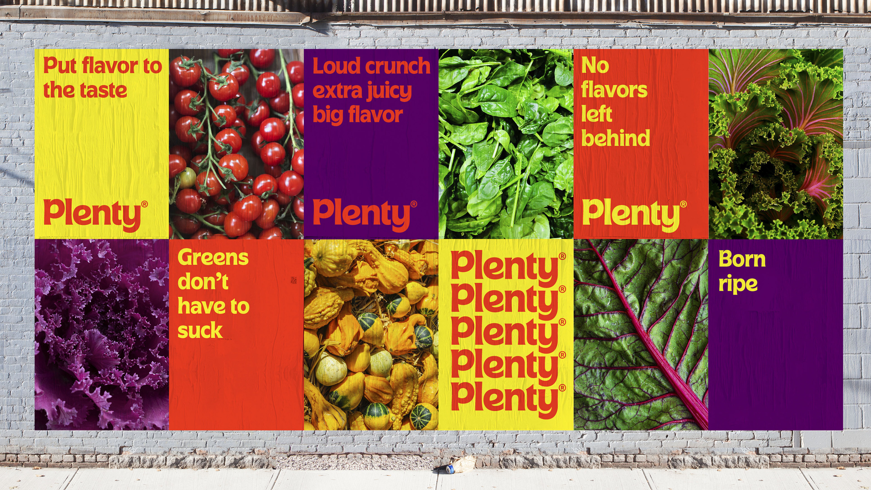 Custom typeface and poster design for American salad brand Plenty designed by &Walsh