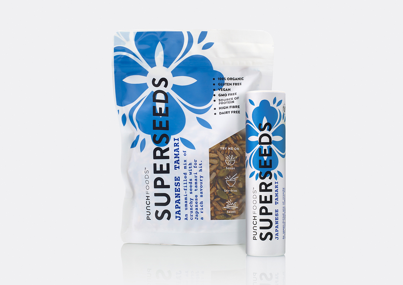 Package design by London based B&B Studio for health food and snack range Superseeds from Punch Foods