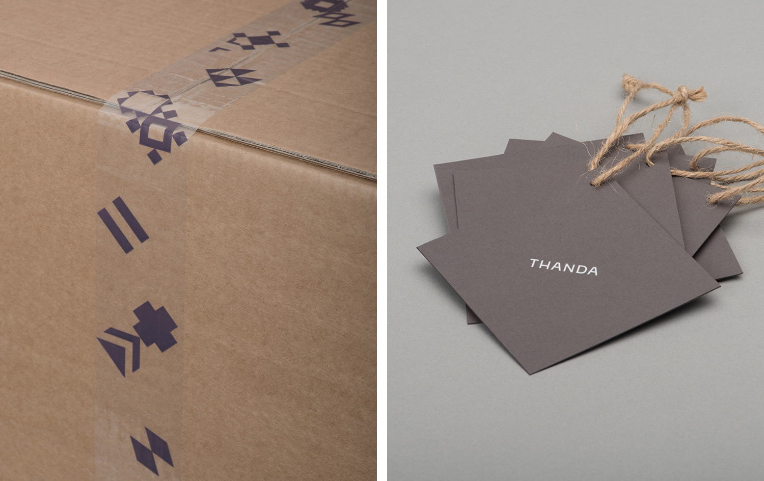 Brand identity, box tape, and product tags by UK graphic design studio Karoshi for conscientious interior accessory business Thanda