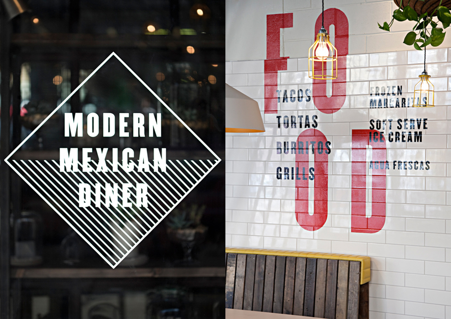 Environmental graphics designed by Buro Creative for UK Mexican dining concept DF / Mexico. Featured on bpando.org