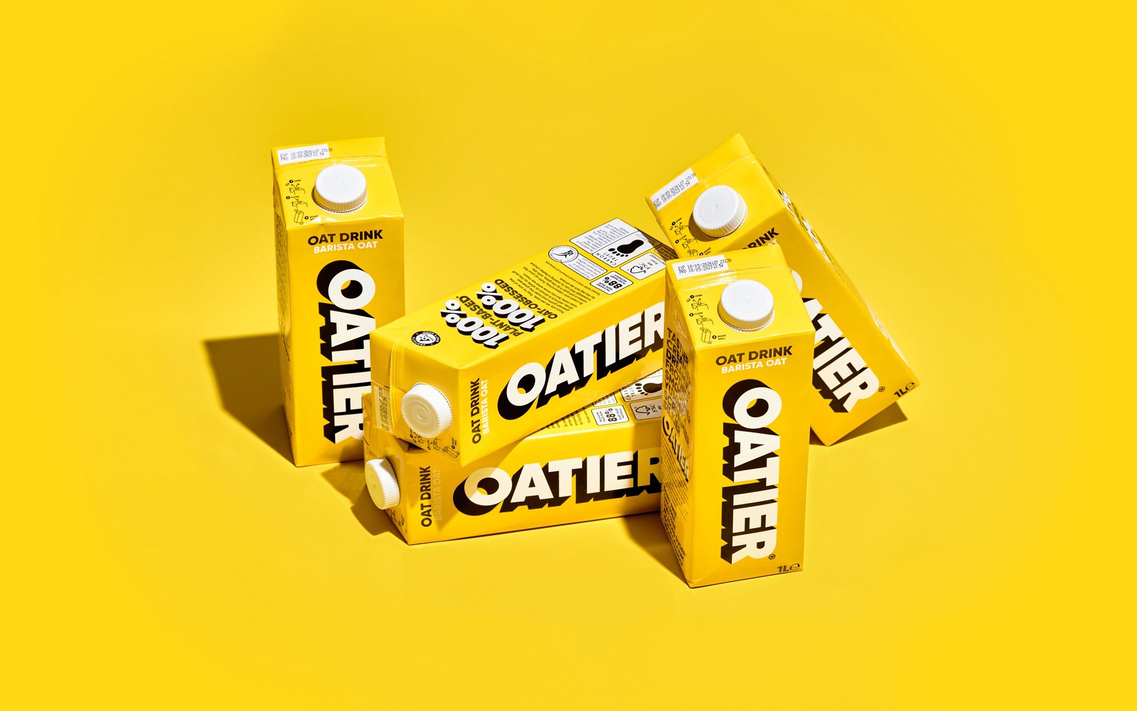 ogotype, brand identity, packaging, social assets, food truck livery and tote bag design for oat milk Oatier designed by Allgood