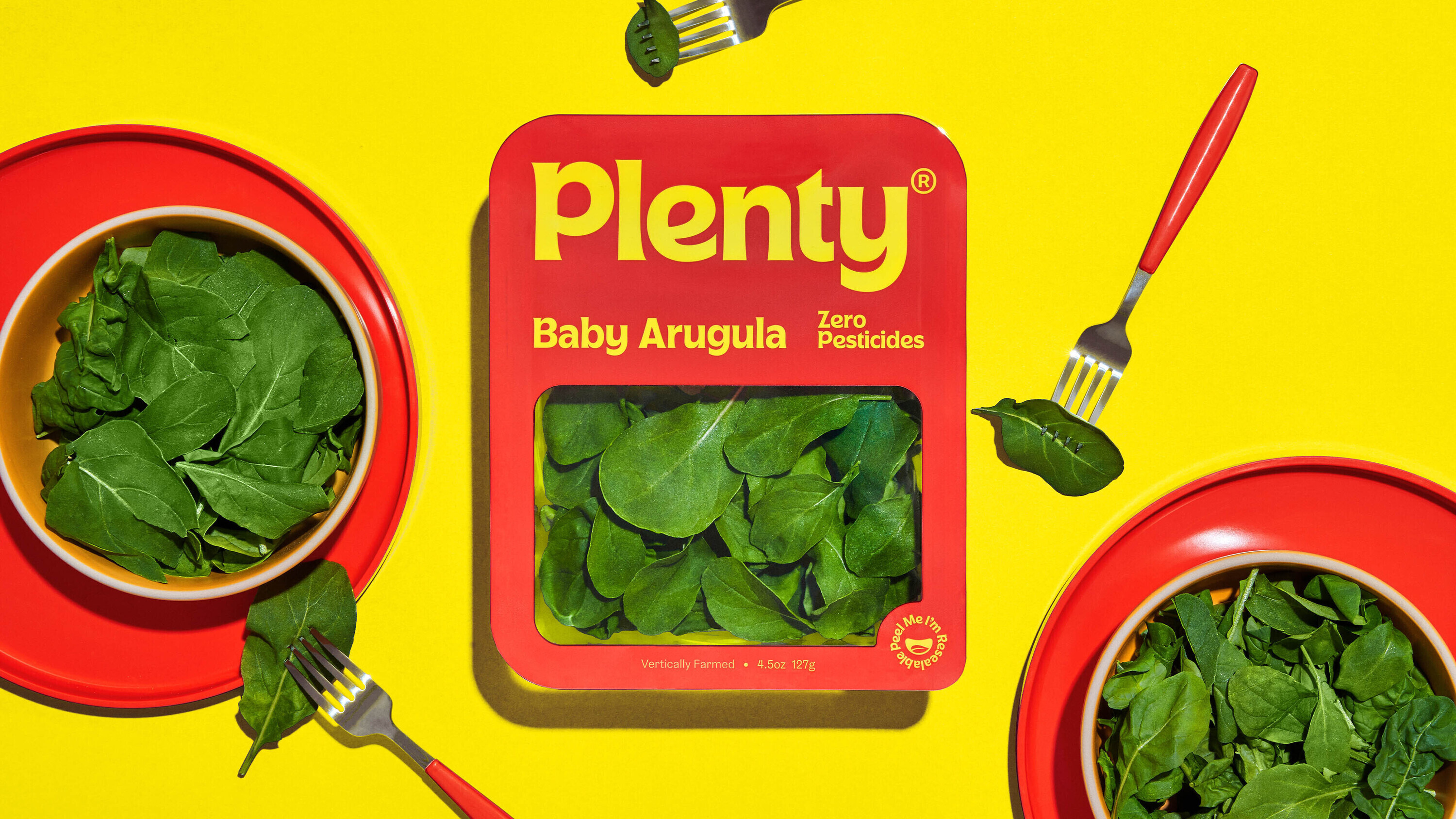 Packaging design with custom typeface for American salad brand Plenty designed by &Walsh