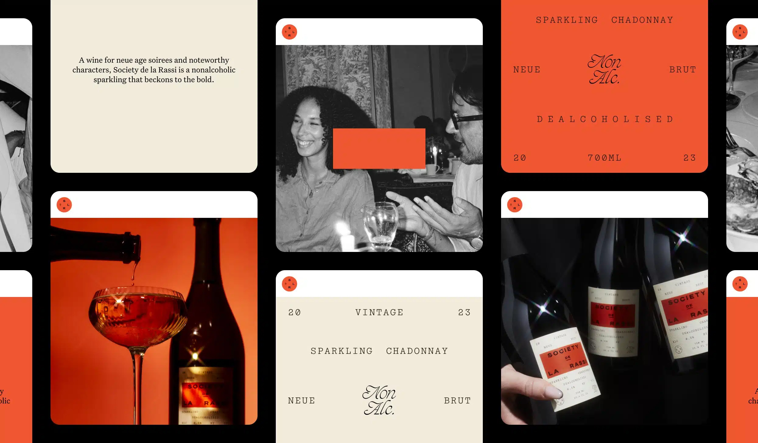 Logotype, art direction and packaging for alcohol-free champaign brand Society De La Rassi designed by Blurr Bureau