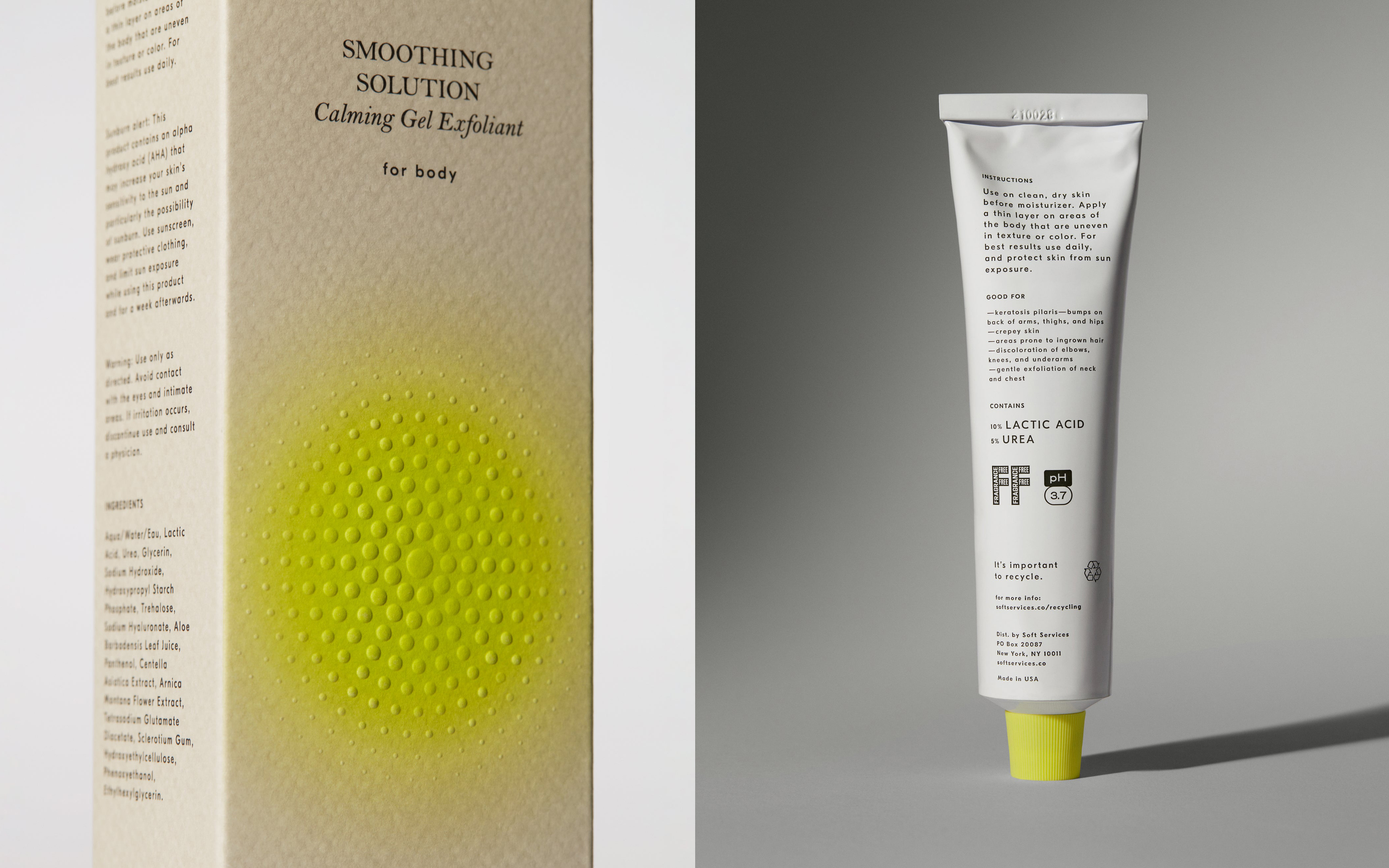 Blind embossed skincare packaging design by Decade for Soft Services