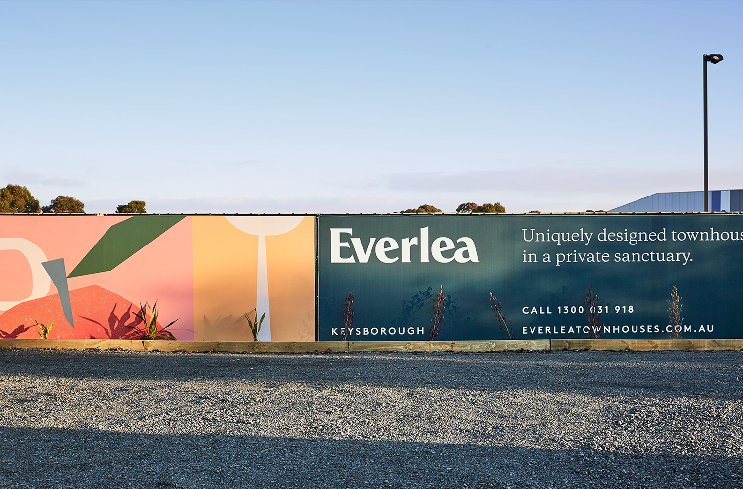 Visual identity and hording design for Everlea by Studio Brave featuring illustration by Tom Abbiss Smith