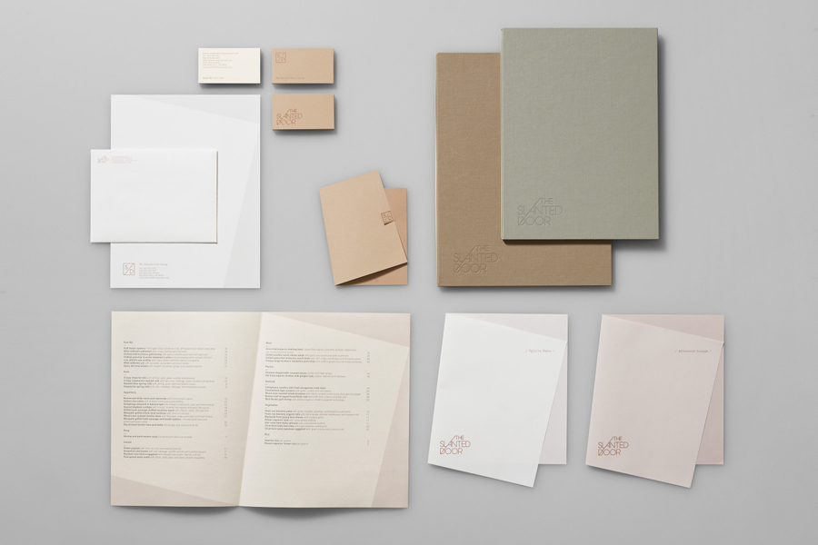 Logo, business cards and menu with copper foil print finish for Vietnamese restaurant The Slanted Door designed by Manual