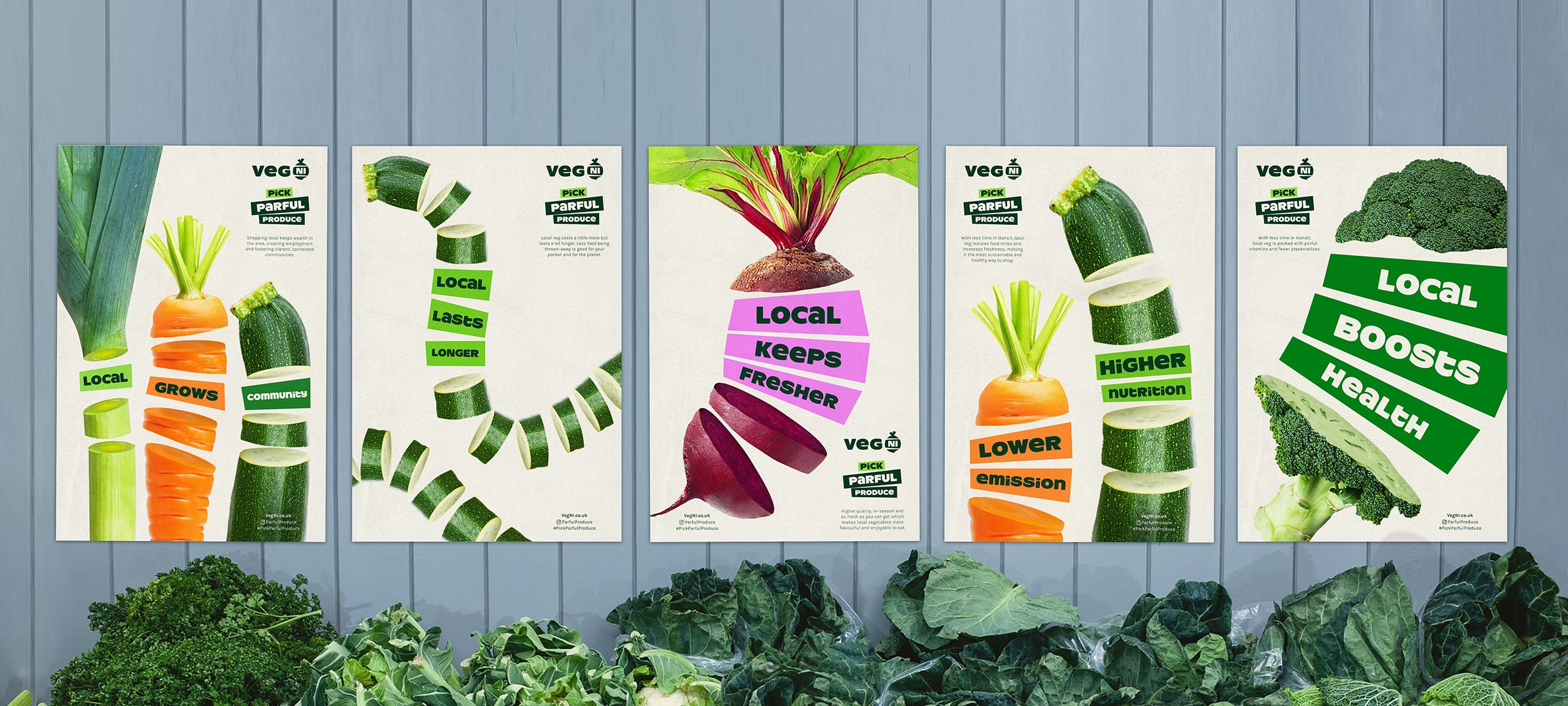 Brand identity and posters designed by Jack Renwick Studio for Northern Irish farming cooperative Veg NI